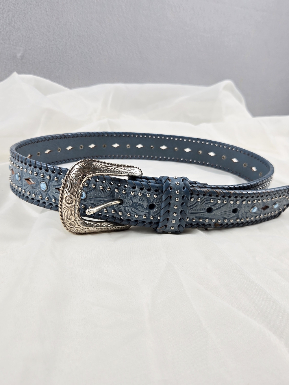 Blue Studded Western Leather Belt with Ornate Silver Buckle
